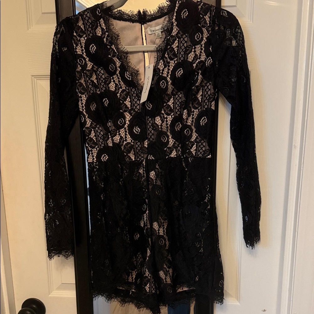 Black Lace Long Sleeve Romper with Nude Lining